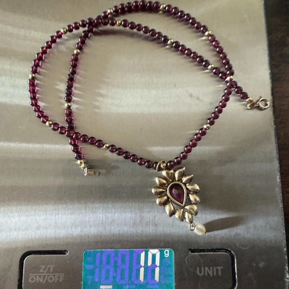 Gold Filled Bezel Set Garnet & Pearl Pendant Estate Necklace